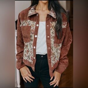 Brown floral tapestry western corduroy button raw hem coat jacket tunic top